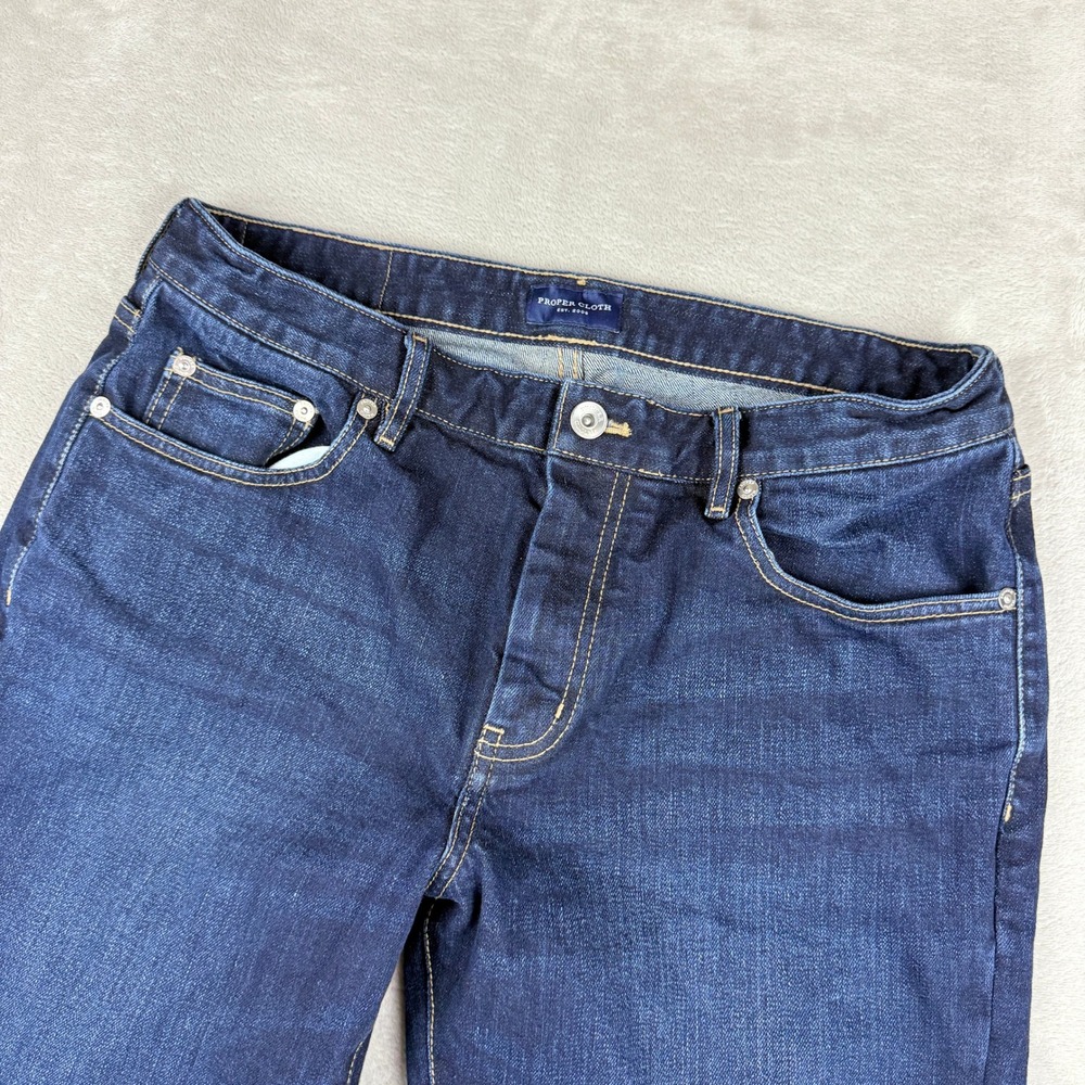 Proper Cloth Jeans Men Measures 32x27 Blue Dark Wash Straight Leg Preppy EUC